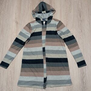 Y2K Tru Self Women L Striped Hooded Open Front Cardigan Grey Brown Blue Longline